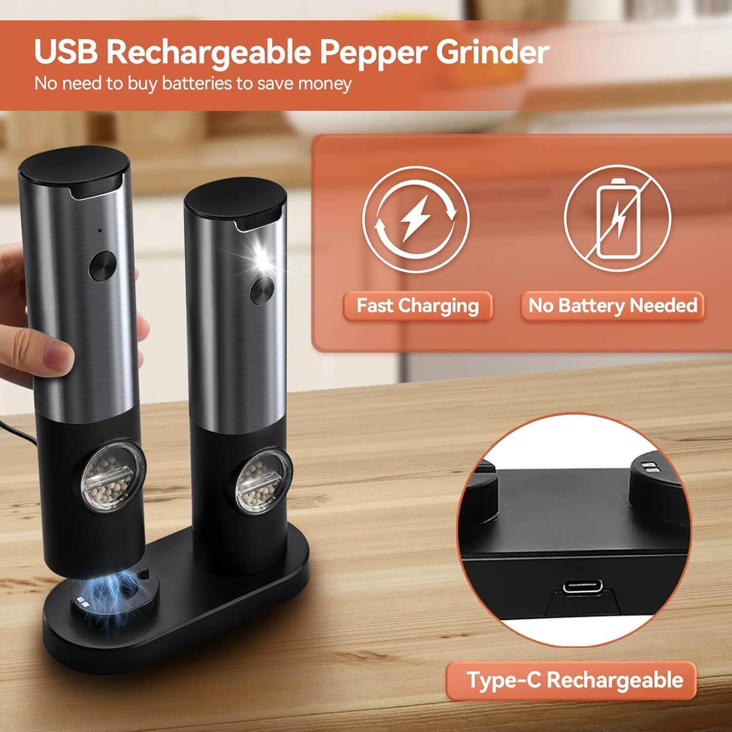 Royallure Elektrisk Uppladdningsbar Salt- & Pepparkvarn Set – Justerbar Malning, USB Laddning