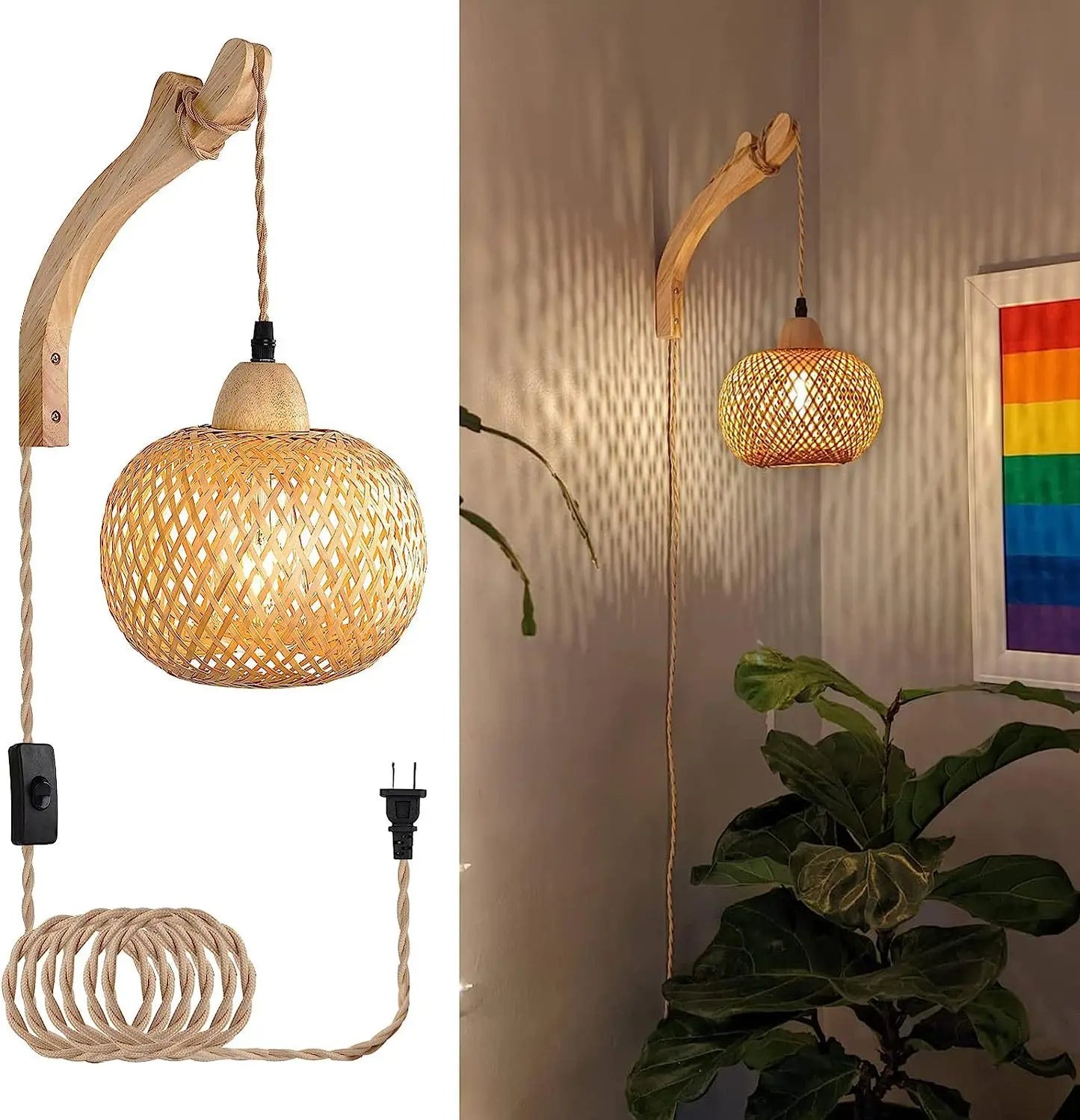 Royallure Bamboo Rattan Vägglampa Handvävd Korgbelysning för Rumsinredning