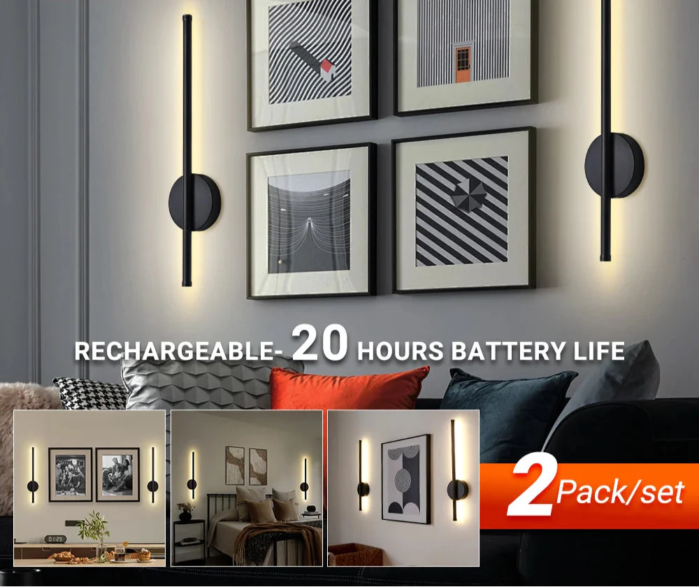 Royallure 2-Pack Uppladdningsbar LED Vägglampa med Fjärrkontroll, Dimbar 50–80cm