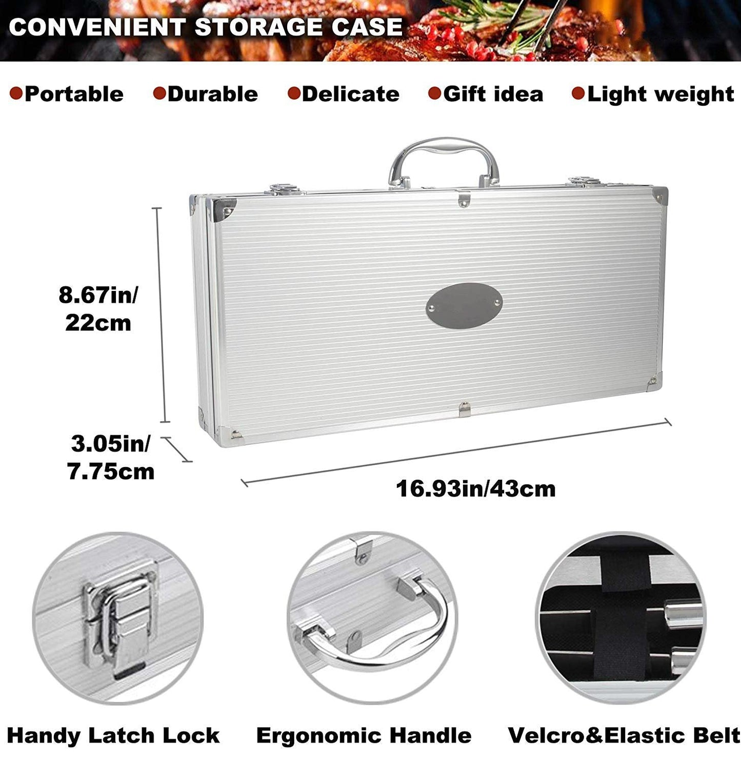 Royallure Rostfritt Stål BBQ Verktygsset med Aluminiumfodral — Hållbar Grilluppsättning för Utomhusmatlagning