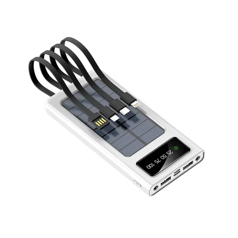 Carvallo Solar Powerbank | 10.000/20.000 mAh | Snabbladdningsfunktion & 4 integrerade kablar | För iPhone, Samsung, Huawei & mer