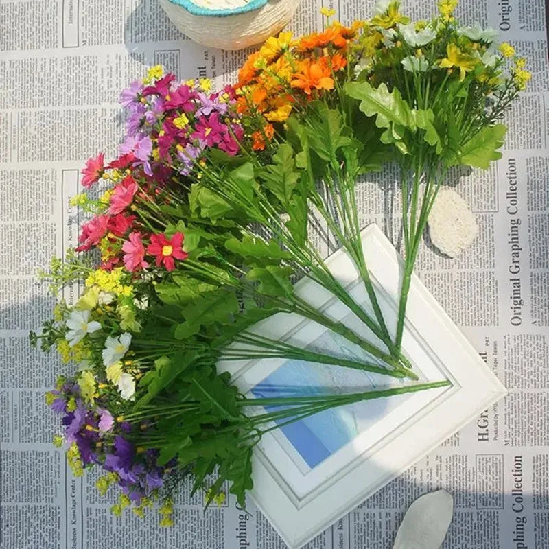 Kunstblommor bukett Floraviva Daisy | 7 grenar med 28 tusenskönshuvuden | Sidenutseende | För bordsdekoration, bröllop &amp; hem