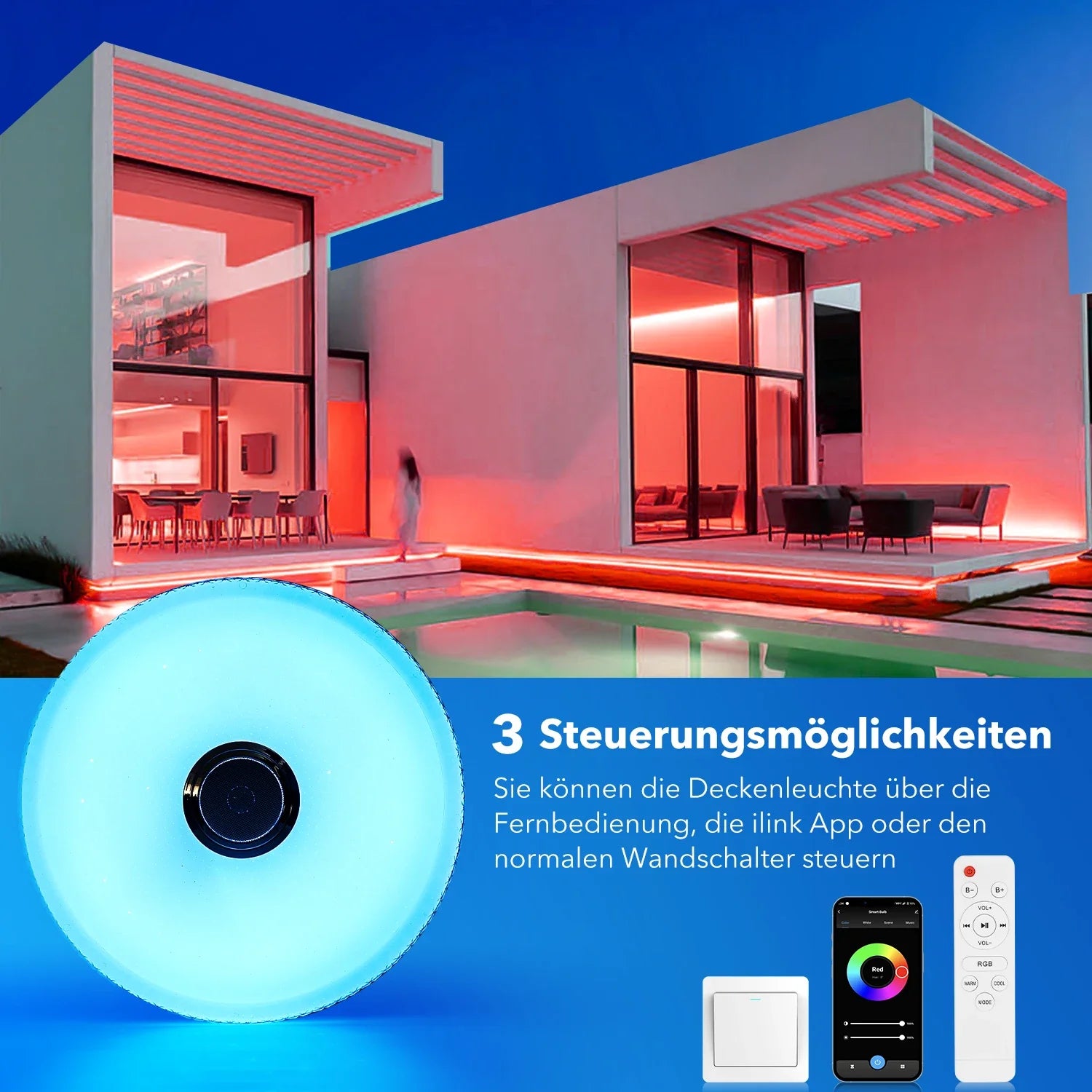 Lunavi Crystal | LED-taklampa med Bluetooth-högtalare och RGB-färgskiftning