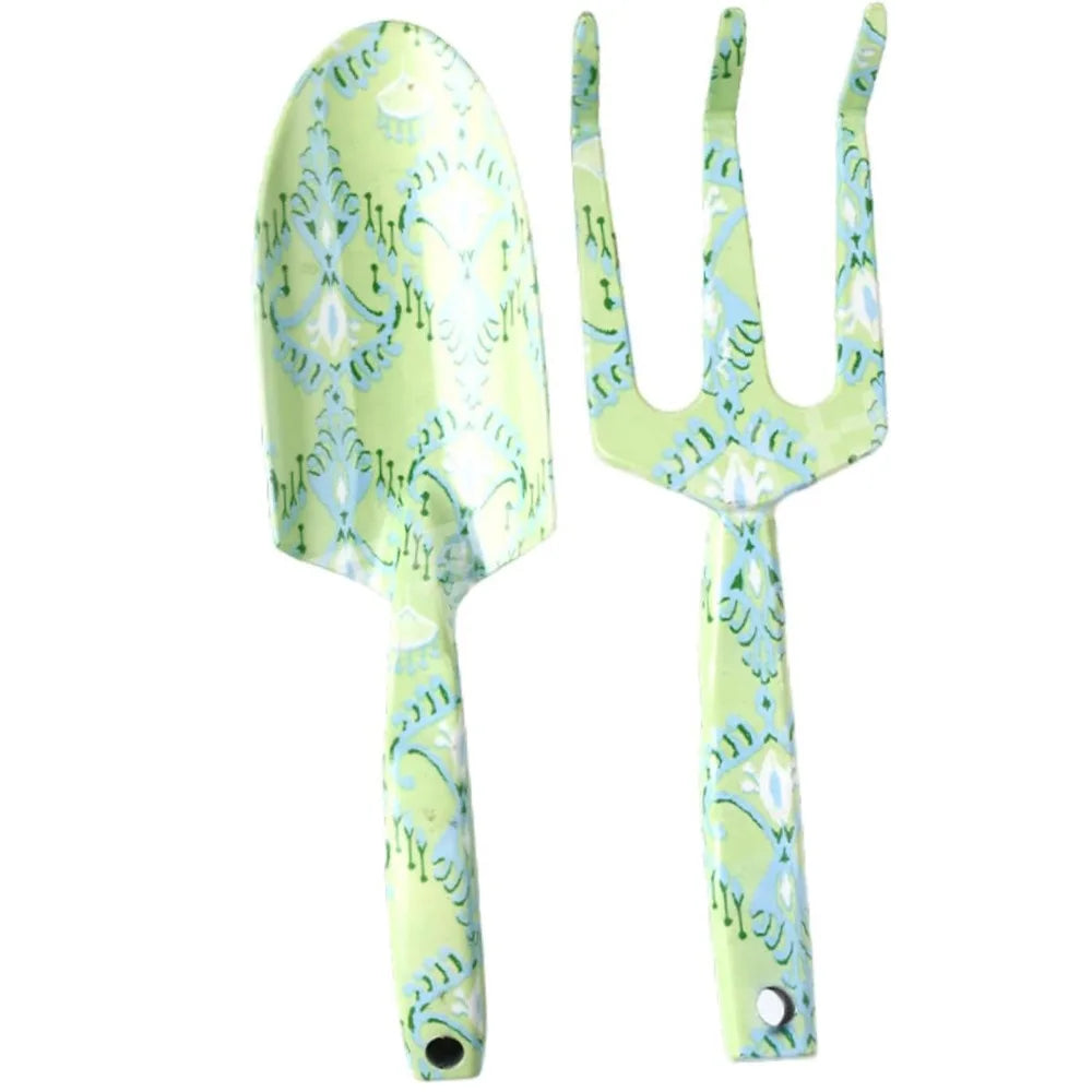 Carvallo GardenSet Trädgårdsverktygssats i rostfritt stål | 2-delad: Handskovel & Blomgaflar | 26–29,5 cm | Blommönster i 6 färger