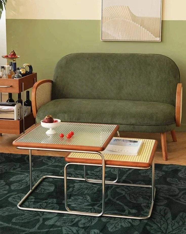 Solvia Cane | Rund soffbord av rotting med glasbordskiva i mid-century stil