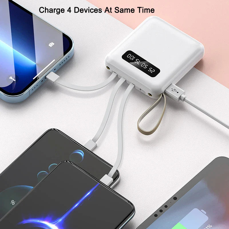 Carvallo-Powerbank med spegeldisplay | 20.000 mAh | Snabb laddningsfunktion & integrerade kablar | För iPhone, Samsung, Xiaomi & mer