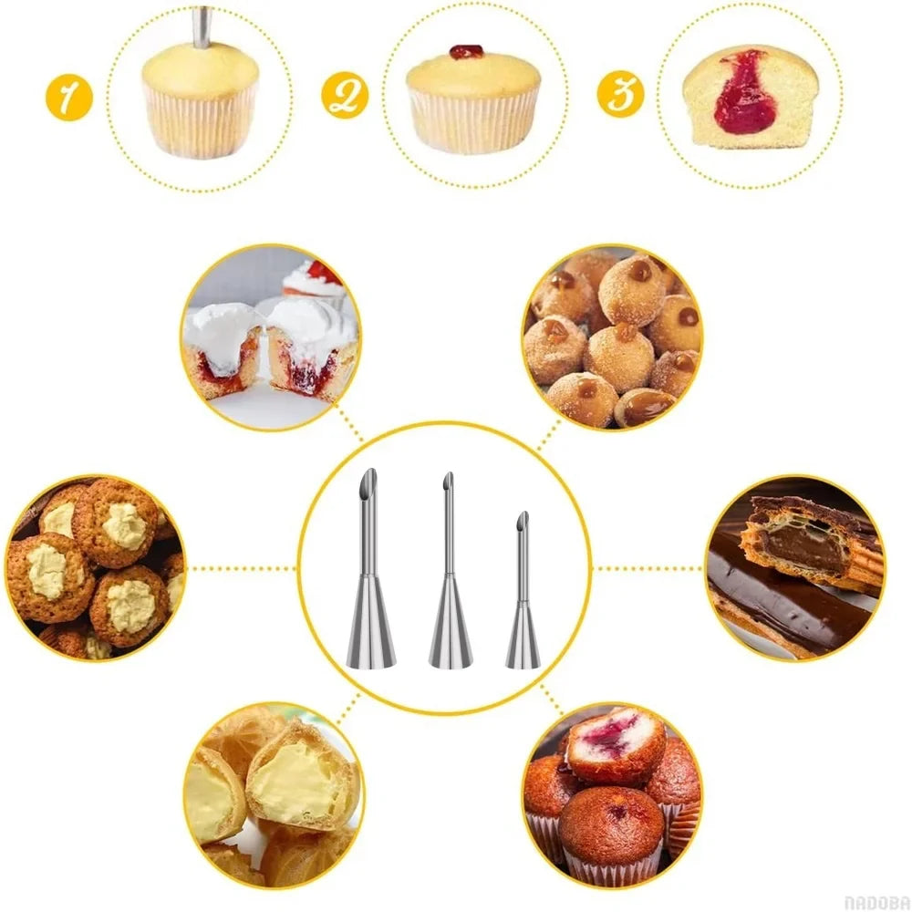 Carvallo Pro Rostfritt Stål Spritstyllar Set 3-delar | Lång tyll för Profiteroles & Fyllkräm | Bakningstillbehör för Tårtor, Cupcakes & Patisserie