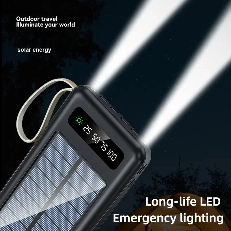 Carvallo SolarCore 50K Solkraftbank 50.000 mAh | Med campingljus, 4 laddkabel och Dual USB | Snabbladdningsfunktion & utomhuskompatibel