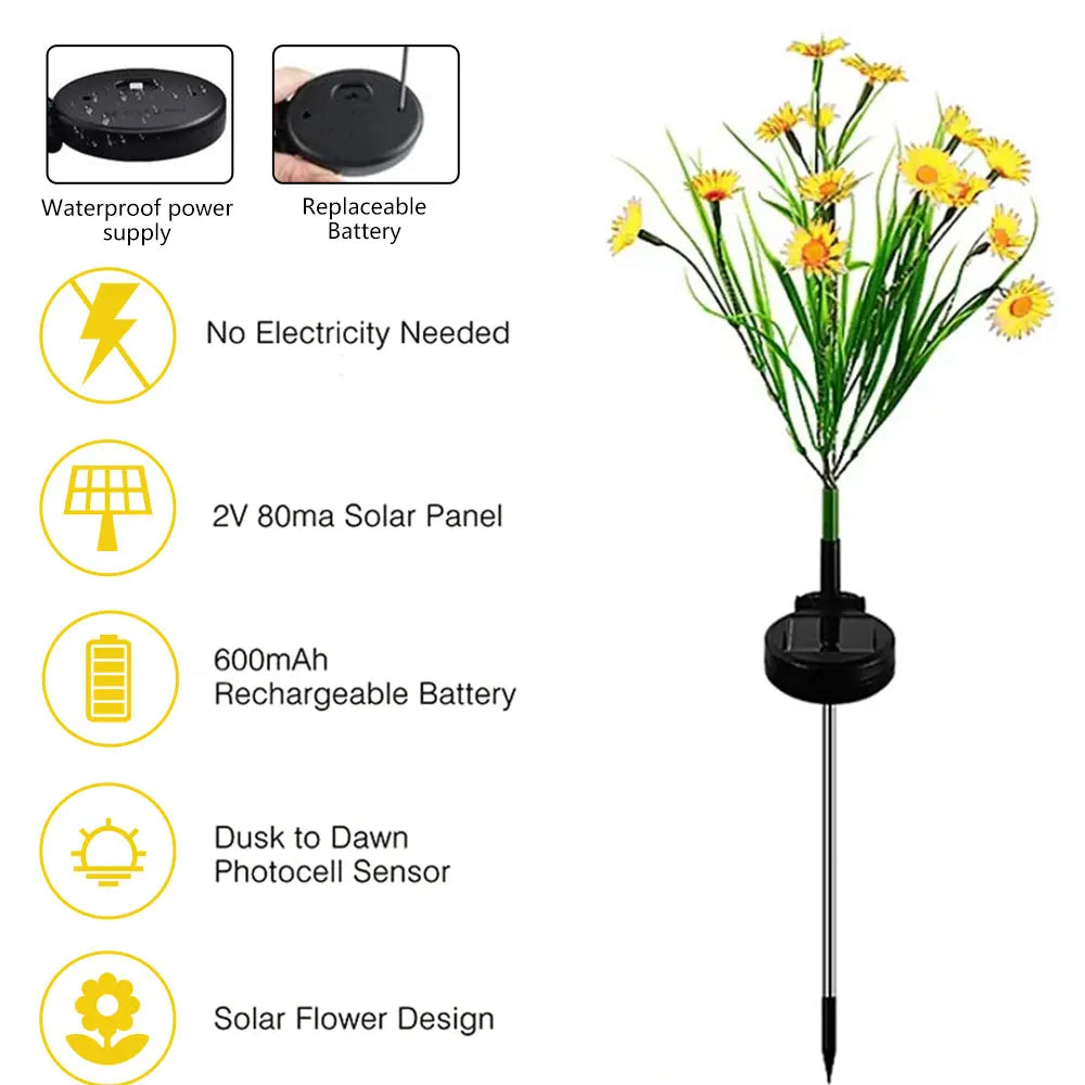 Carvallo Solar Trädgårdslampa Tusensköna | Vattentät LED Blomlampa för Utomhusbruk | Automatisk Deko-Solarlampa för Trädgård & Balkong