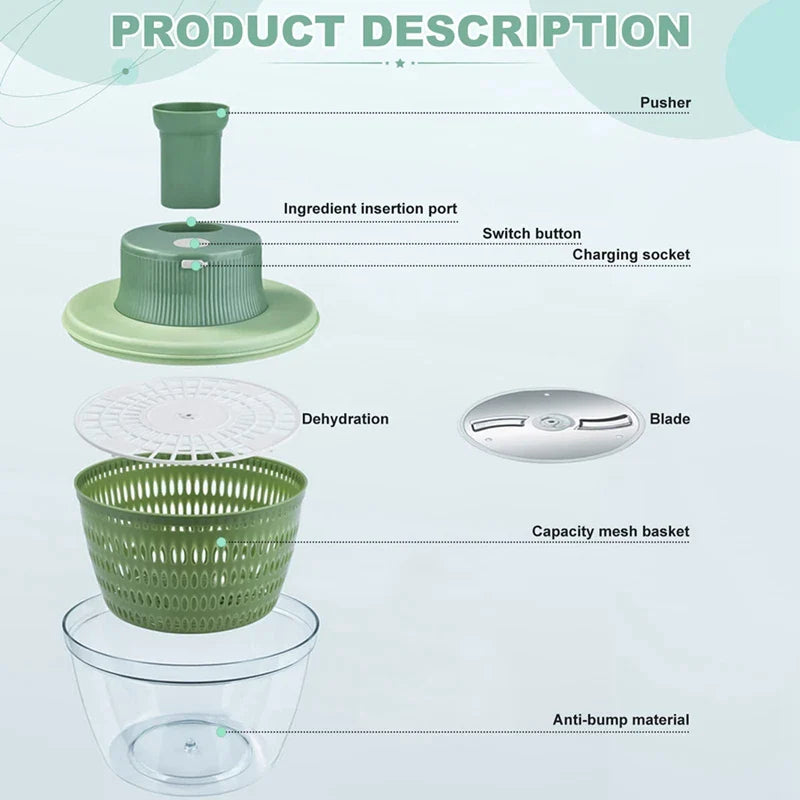 Carvallo Elektrisk Salladsavskörare | 2-i-1 Grönsaksrenare & Skärare | 4 L Kapacitet | Trådlös & Multifunktionell