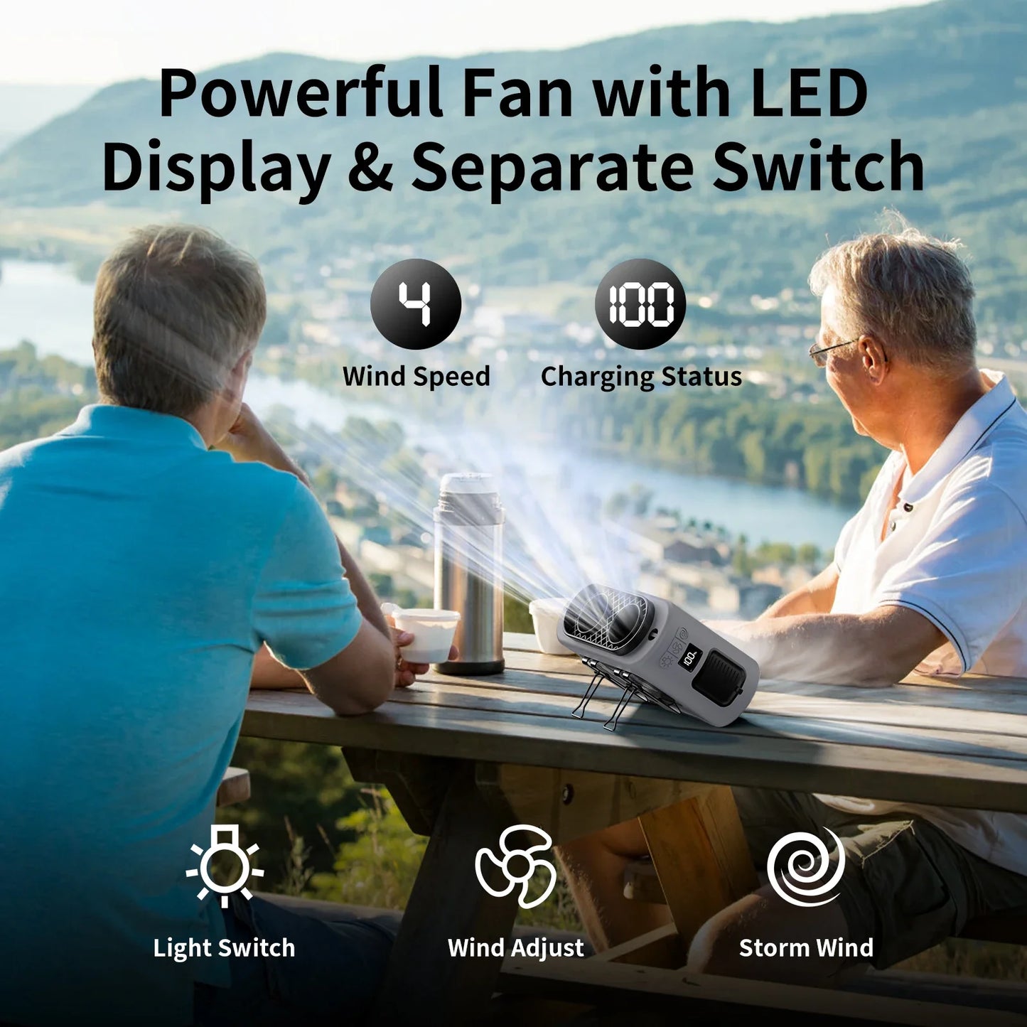 Carvallo StormClip Bärbar Utomhus-Bältesfläkt 2025 | 5-stegs Turbo-Vind | 360° Vridklipp | Powerbank & LED-ljus