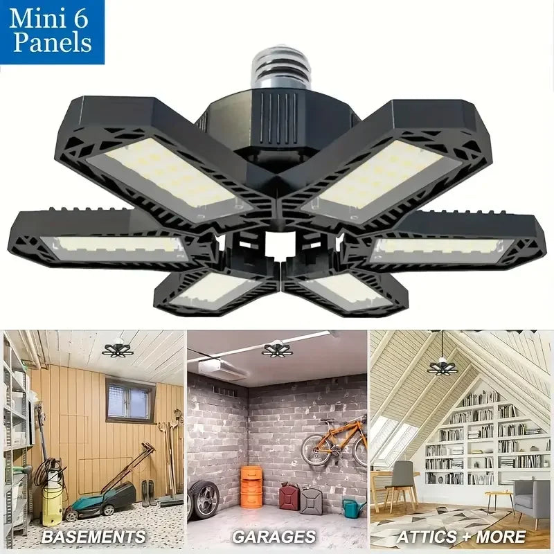 Carvallo LED Garage Lamp | Foldable Ceiling Light with 3–12 Adjustable Panels | E27 Socket | 6500K Daylight – For Workshop, Warehouse & Garage
