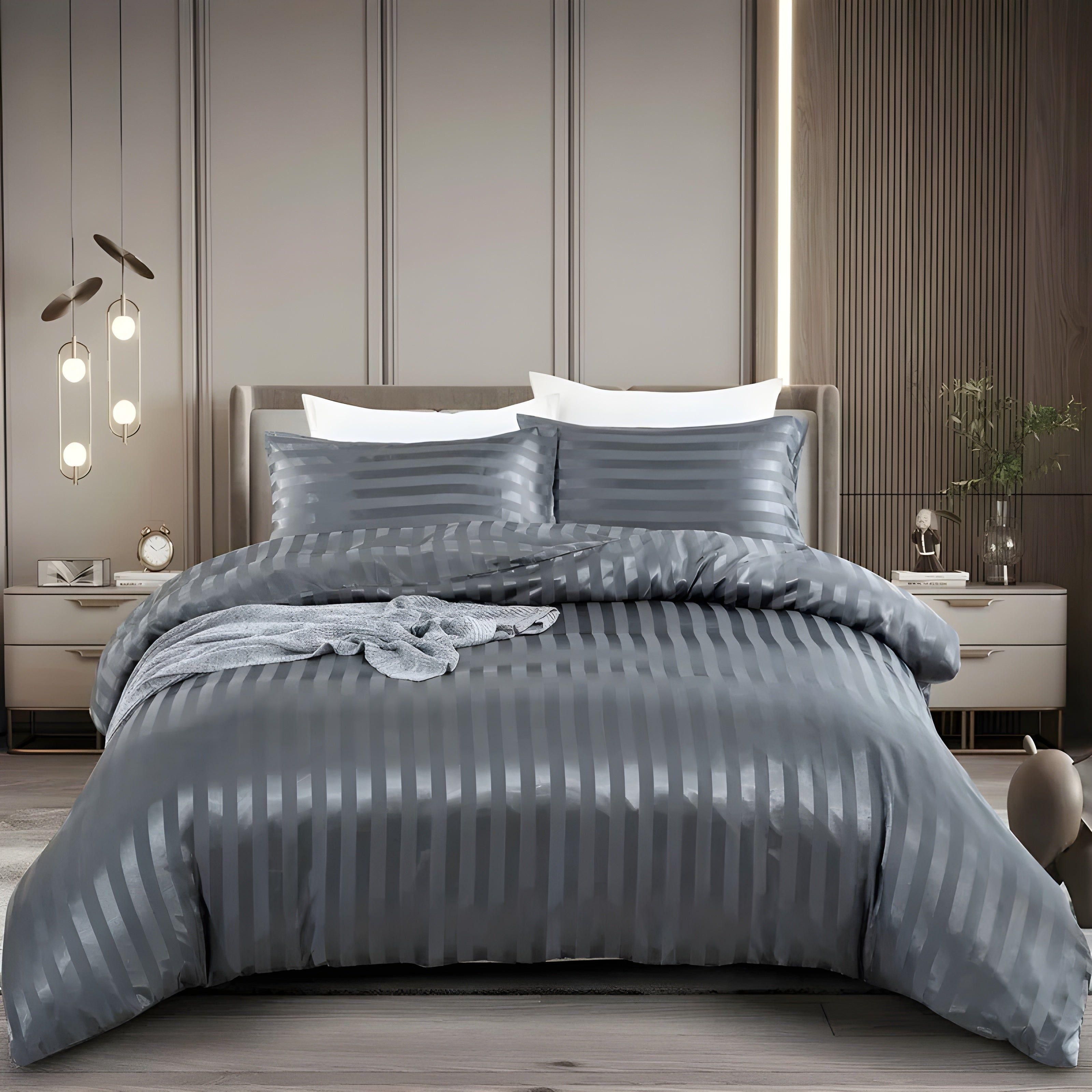 LuxSleep sängkläder set - 3-delat lyxigt randigt sängkläder set [sängkläder med dragkedja, örngott]