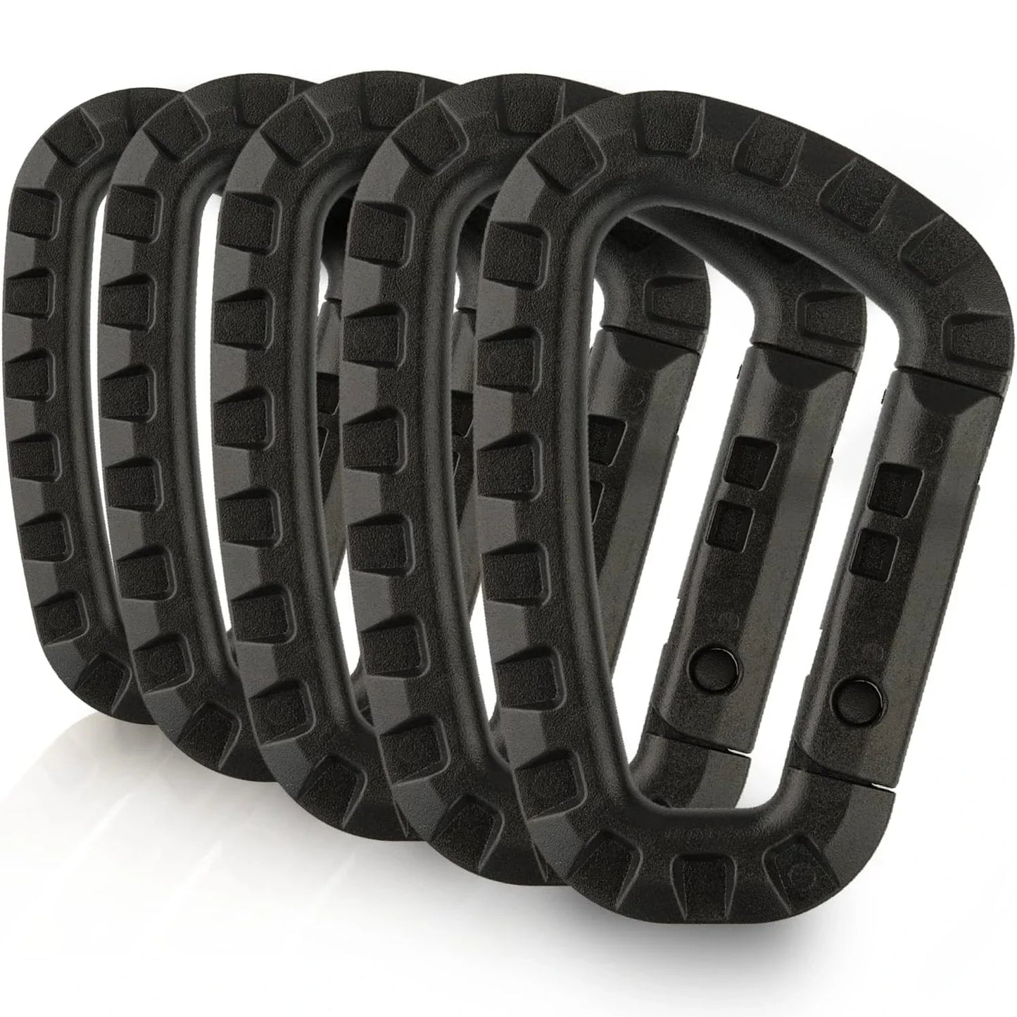 Carvallo 5-pack Taktiska karbinhakar D-form 8,5 × 6 cm | Molle-kompatibla plastklipp med fjädermekanism | Lätta & hållbara för camping, vandring & EDC