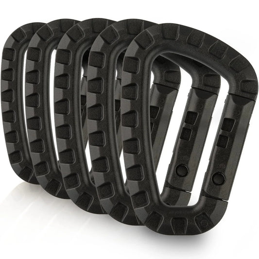 Carvallo 5-pack Taktiska karbinhakar D-form 8,5 × 6 cm | Molle-kompatibla plastklipp med fjädermekanism | Lätta & hållbara för camping, vandring & EDC