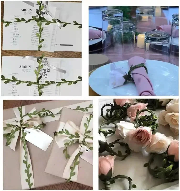 Carvallo Dekoband med konstblad | Grönt bladband | För DIY, bröllop, borddekoration & presentförpackning