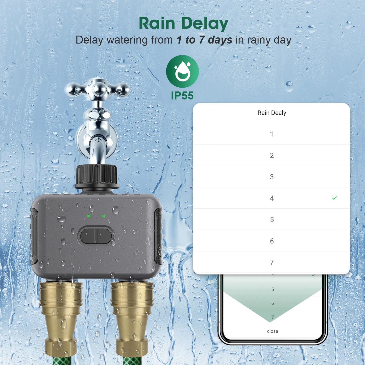 Carvallo Trädgårdsbevattning AquaZeno TwinControl | Zigbee-kompatibel bevattningstimer | 2 zoner, 6 program, regnavbrytare & LCD-display