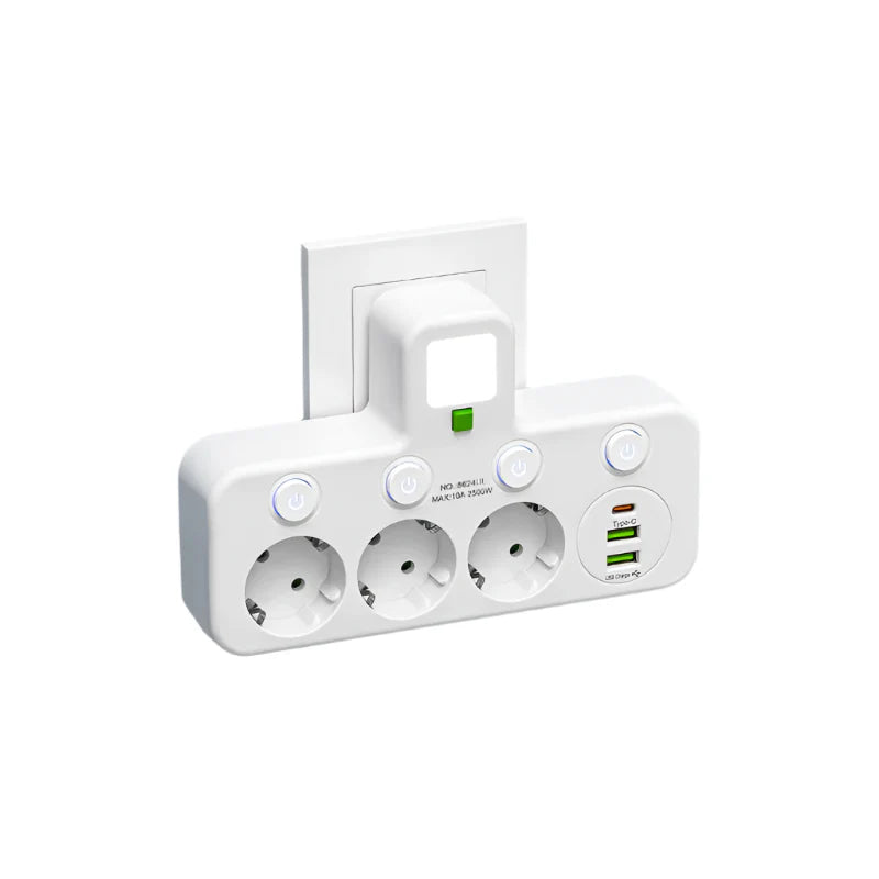 Carvallo VOLTRIQ ProLine | 3–4 uttag + 2× USB & 1× Typ-C | 2500 W | Överspänningsskydd & Kontrollswitch