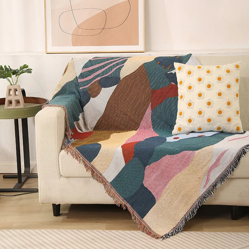 Vävd bomullsblandning kastfilt – Mångsidig med tofsdetalj