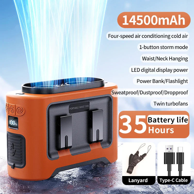 Carvallo StormClip Bärbar Utomhus-Bältesfläkt 2025 | 5-stegs Turbo-Vind | 360° Vridklipp | Powerbank & LED-ljus