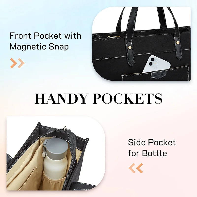 Carvallo Canvas Laptop-väska Dam 15,6 tum | Stor axelväska med fack för kontor, universitet och resor | Stilig handväska med axelremmar och laptopfack