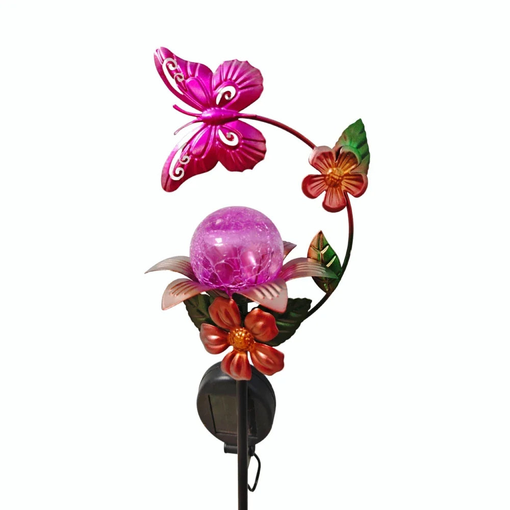 Carvallo Solsken Solar Trädgårdsstake Blomma med LED | Glasblomma & Järnstång | Automatiskt ljus vid skymning | För Trädgård, Balkong & Terrass