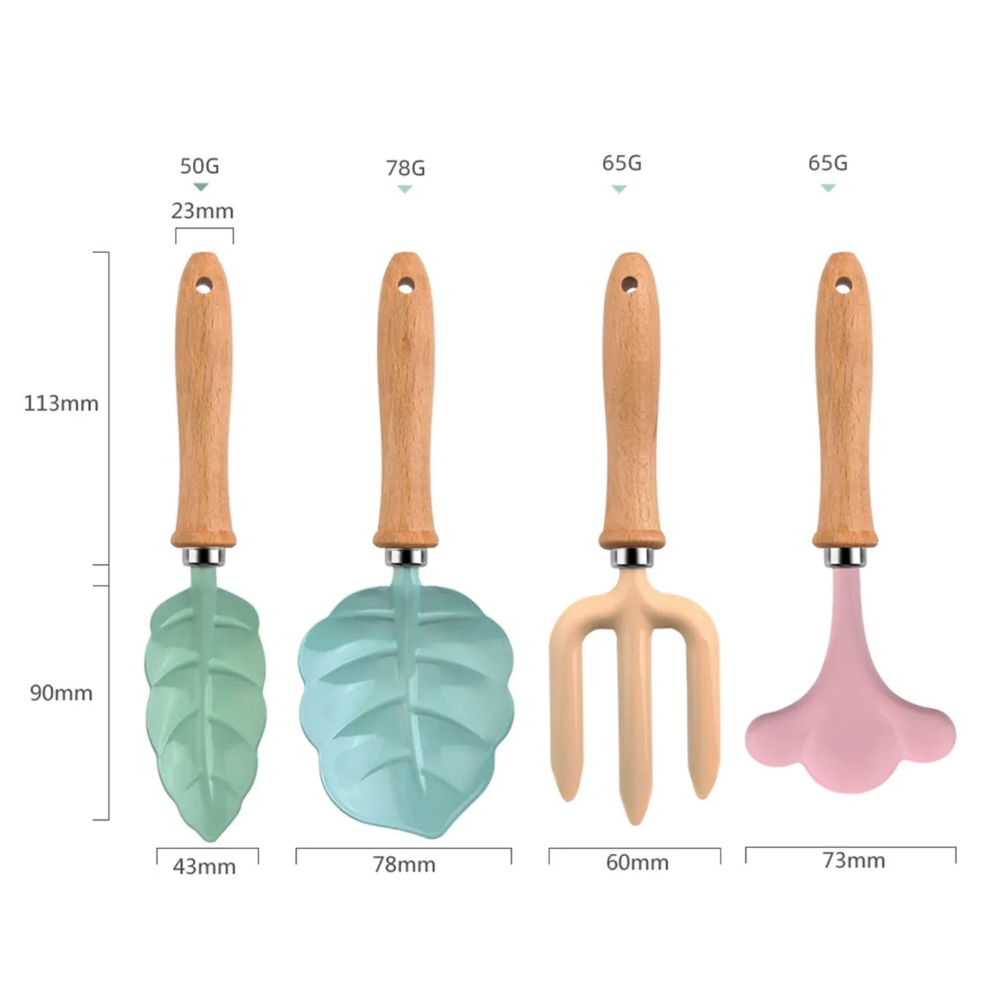 Carvallo MiniGarden Barn-trädgårdset med blad- & blomdesign | Trädgårdsskovel, kratta & gaffel av trä & metall