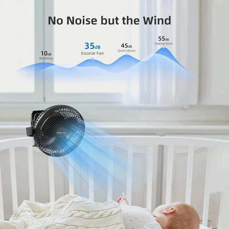 Carvallo-Ventilator BreeziClip | 8-tum | Tyst & Återuppladdningsbar | 10.000 mAh Batteri | För barnvagnar, camping & hem