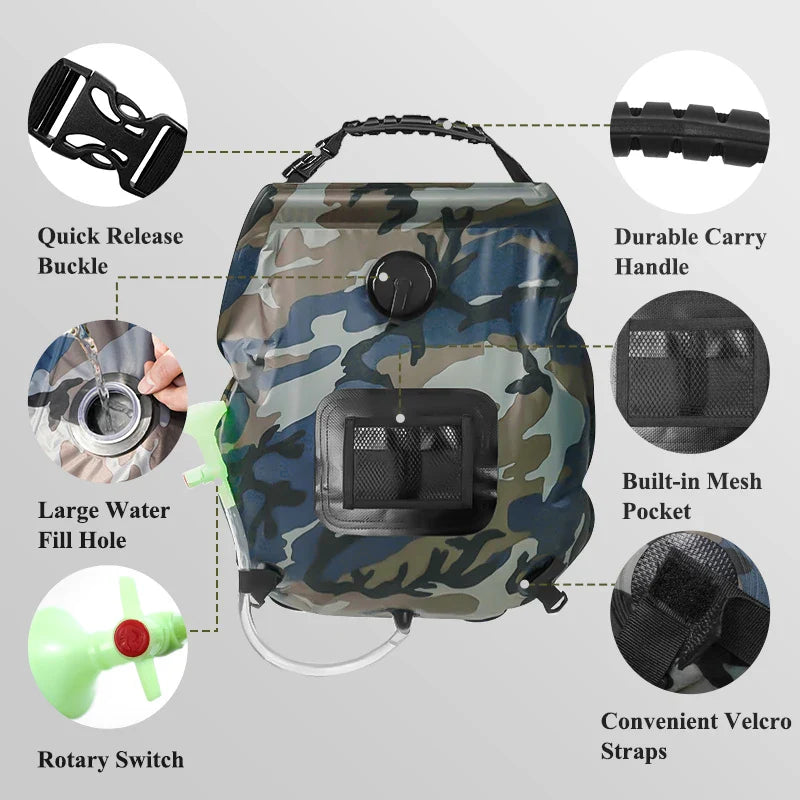 Carvallo SunFlow | 20L volym | Bärbar & Självuppvärmande | Med duschhuvud & slang