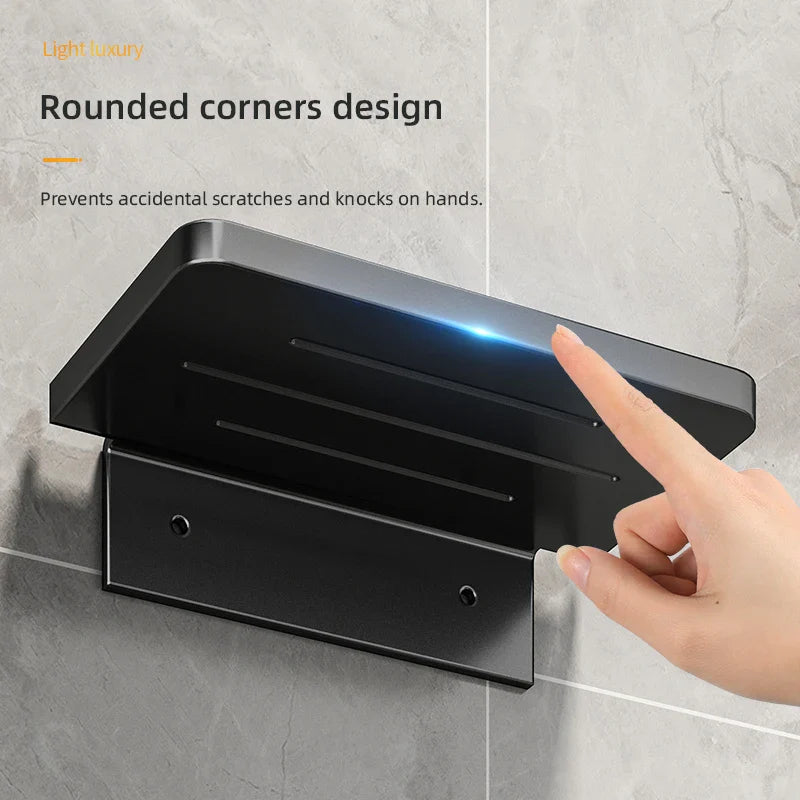 Carvallo DuschLine Duschablage Svart | Vägghylla i ABS-plast | Utan borrning | Med mobilhållare | Modernt bad-organisationstalanger