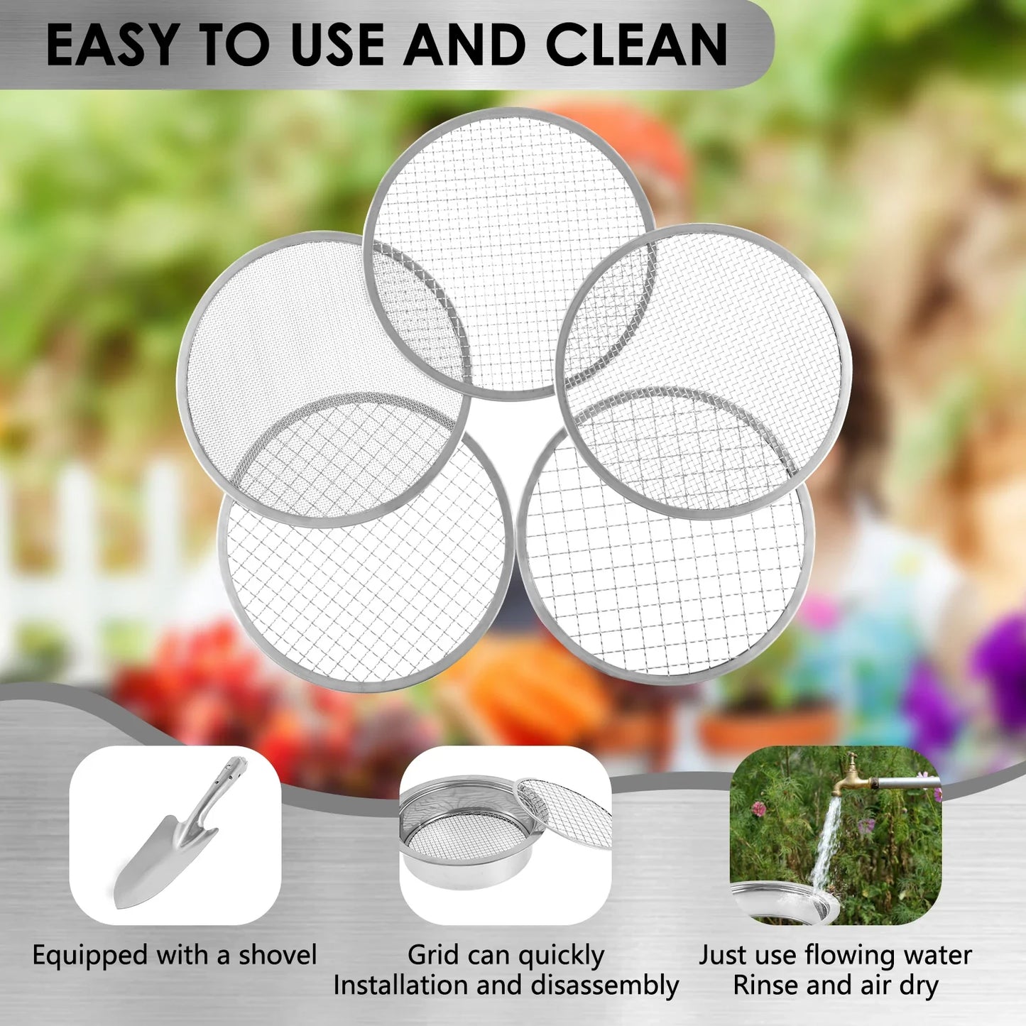 Carvallo Profi Bottenmask Set | 5 Silikonsatser i rostfritt stål | För jord, kompost & grus | Inkl. Handspade