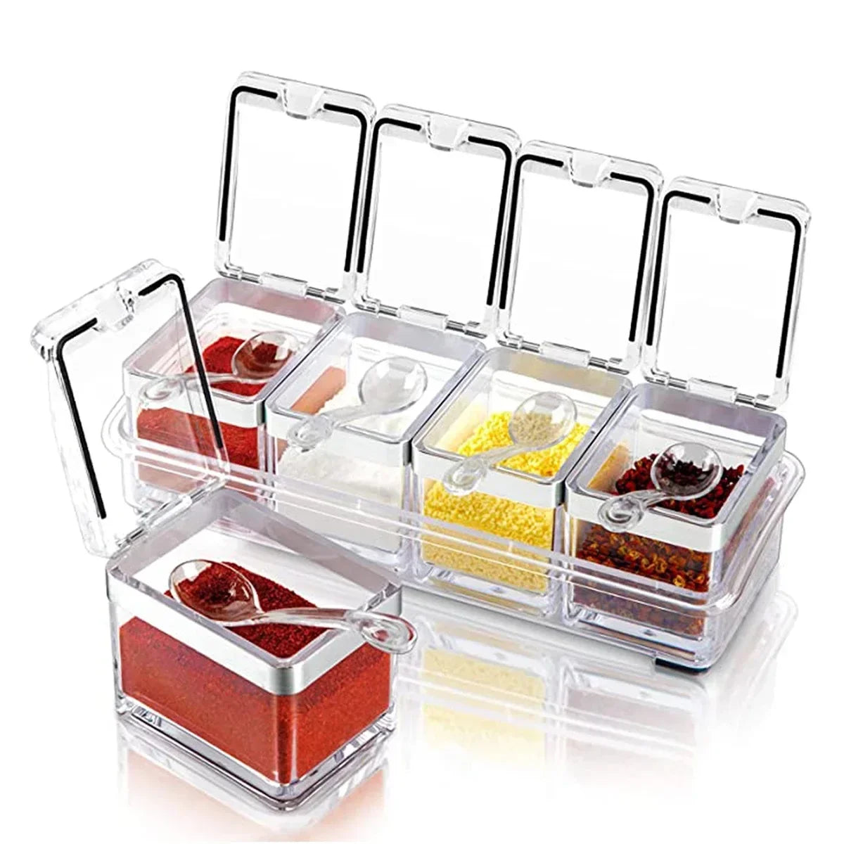 Carvallo ClearSpice Quadra | 4 fack med lock & skedar | Transparent | 23,5 × 9,5 × 8,5 cm | För salt, socker & kryddor