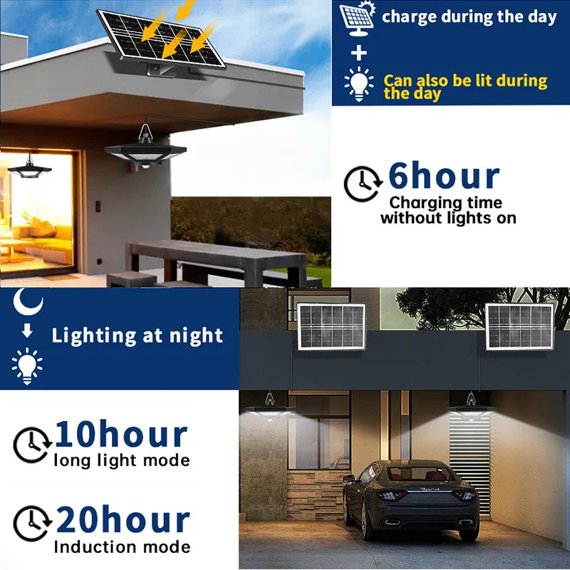 Carvallo LuminoDrop Solhängande lampa med 180 LED &amp; fjärrkontroll | Rörelsesensor &amp; 5 lägen | För terrass, garage &amp; ladugård