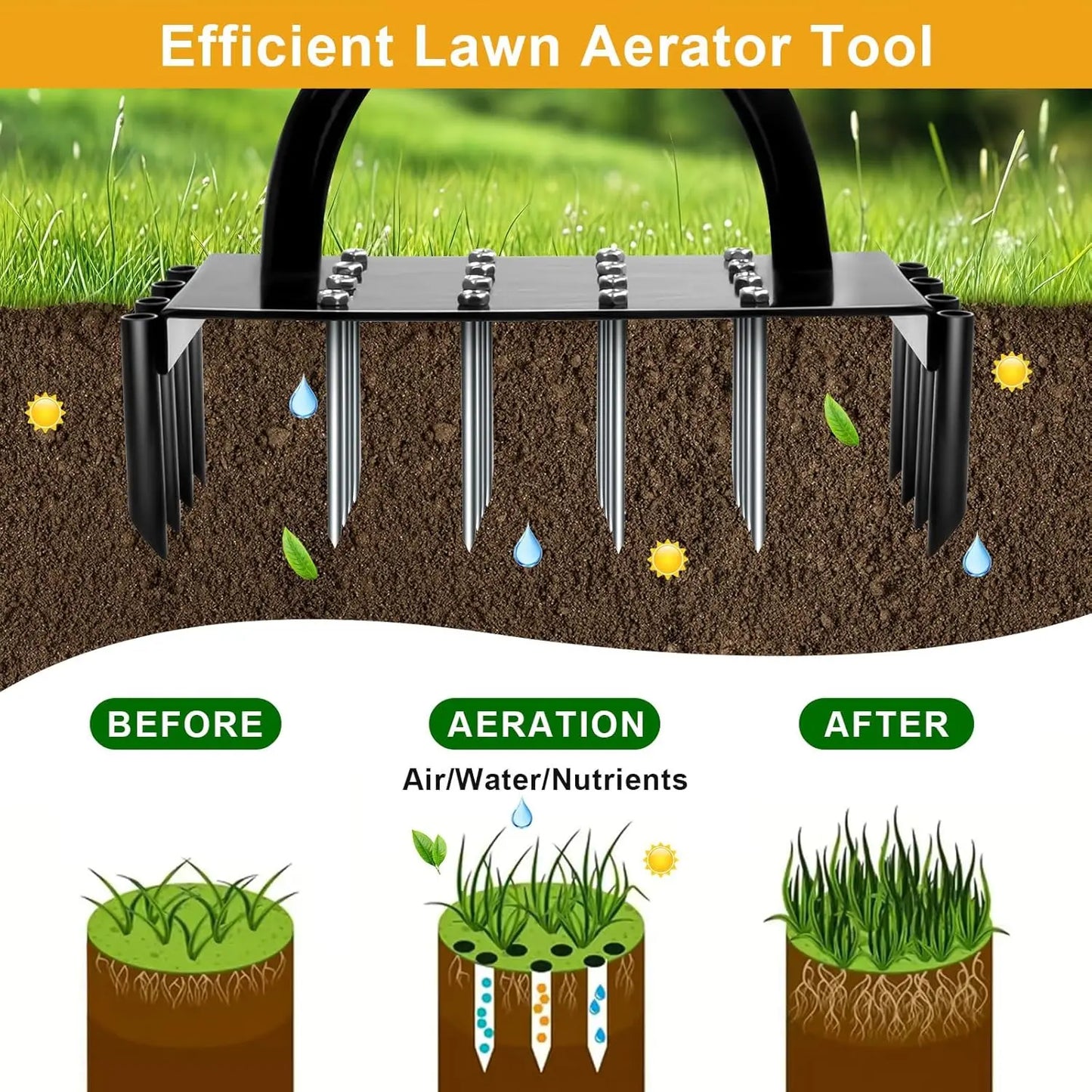 Carvallo AirCore Pro 2-i-1 Handgräsmatta-luftare av stål | Med 16 spikar & 8 jordkärnor | För trädgård, gräsmatta & markvård