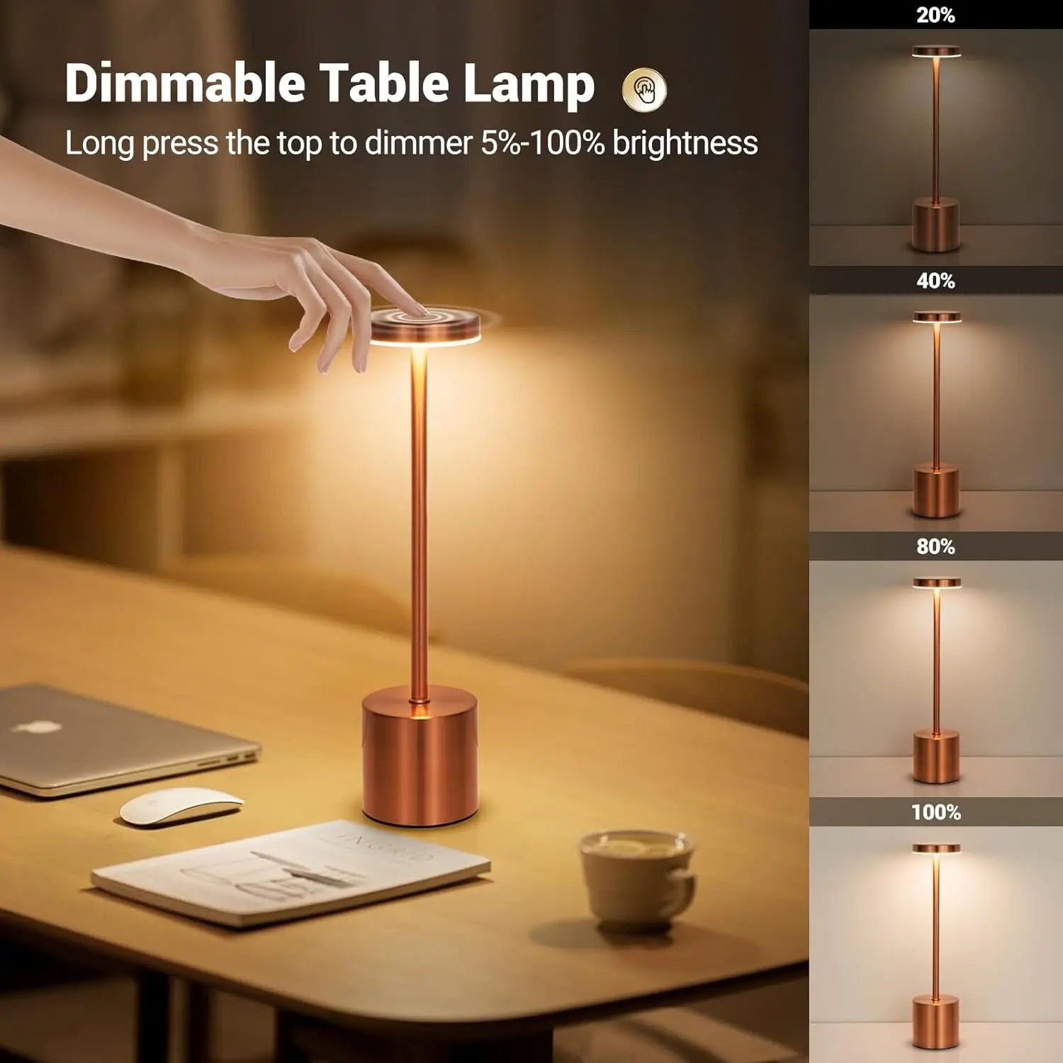 LumoTouch™ LED bordslampa | Trådlös &amp; Återuppladdningsbar | Touchsensor | 3-stegs dimmer | Modern aluminiumdesign