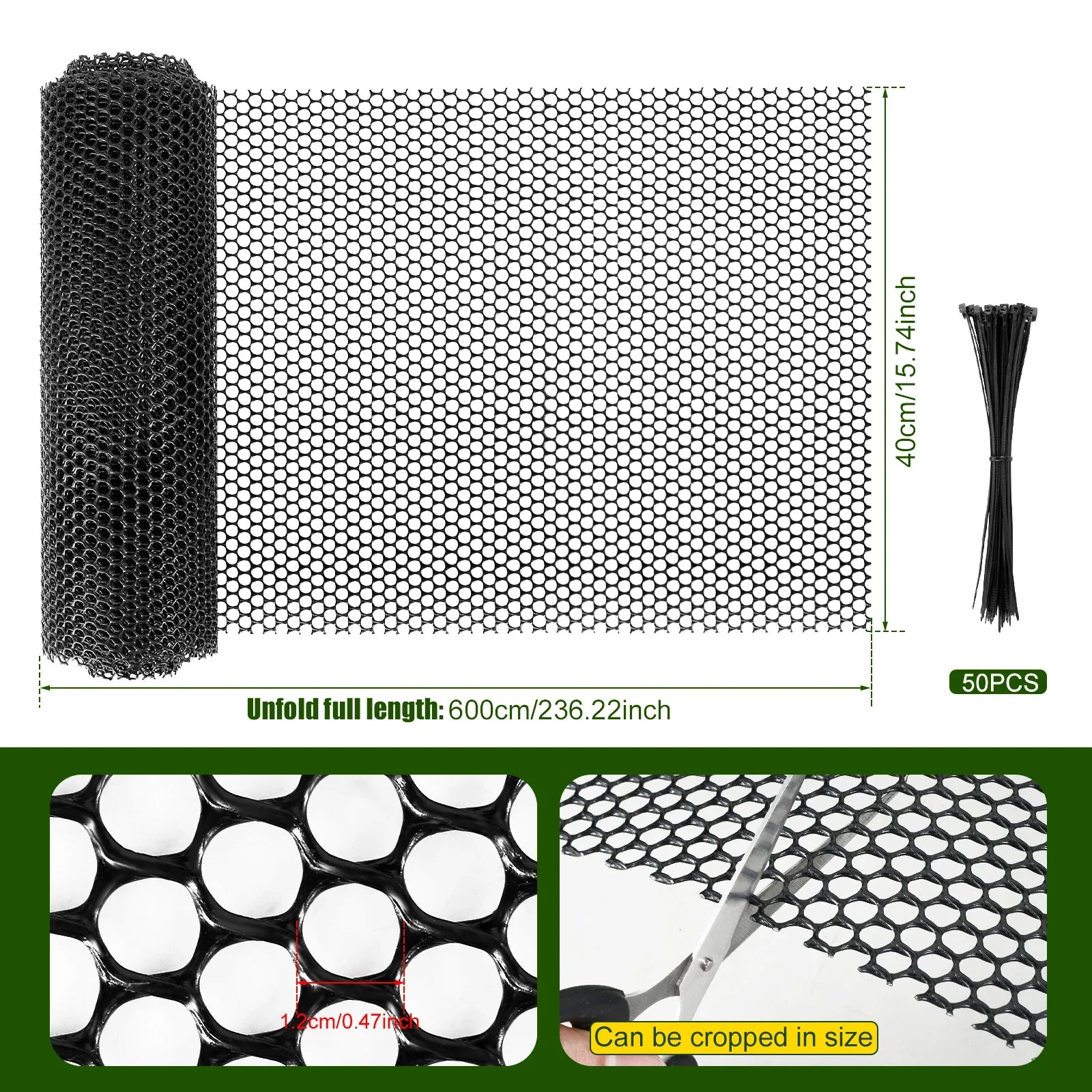 Carvallo Mesh | Plaststängselnät för trädgård &amp; stångskydd | 300 × 40 cm / 600 × 40 cm | Väderbeständig &amp; kan anpassas