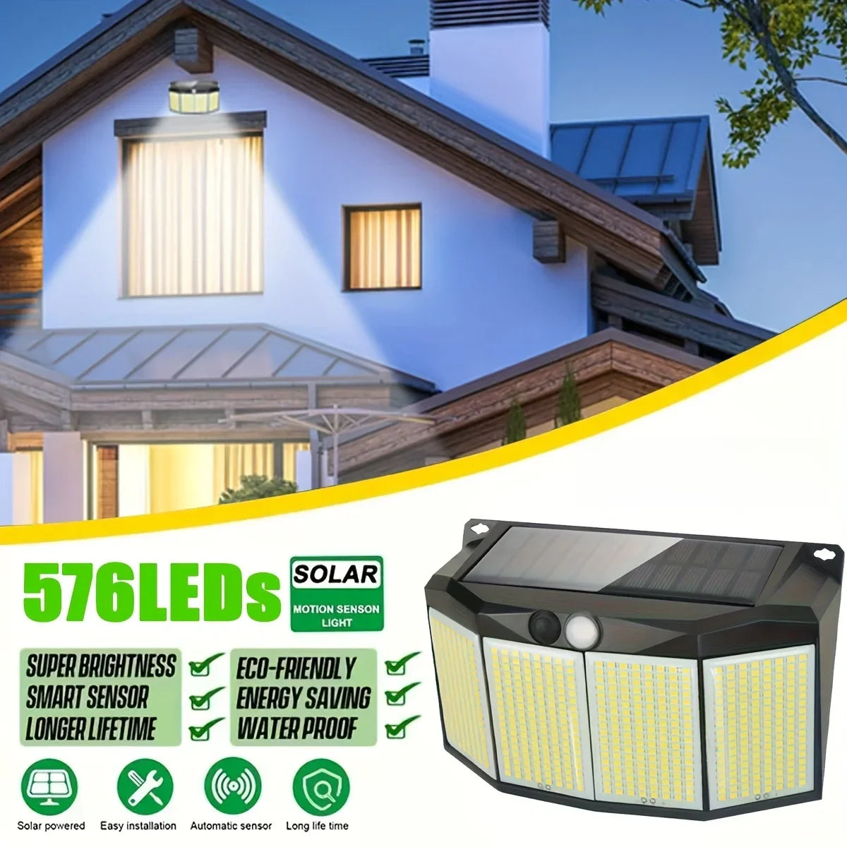 Carvallo Solar Säkerhetsstrålkastare med Rörelsevakt | 576 LEDs | 3 Ljuslägen | IP65 Vattentät | För Trädgård, Garage & Infart