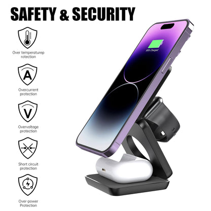 3 i 1 Snabb Magnetisk Fällbar Trådlös Laddare För iPhones, AirPods och Apple Watches