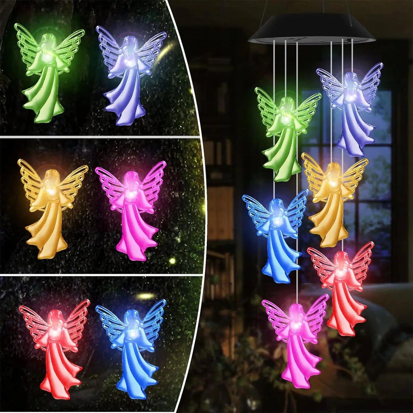 Carvallo ColorChime Solvindspel med färgväxling | LED-belysning på natten | Väderbeständig & Dekorativ | För Trädgård, Balkong & Fönster