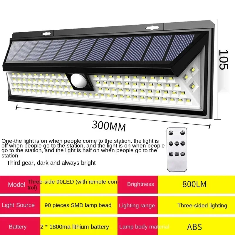 Carvallo 90 Solar Vägglampa med rörelsesensor | 90 LEDs | 3 lägen | IP65 Vattentålig | 4400 mAh Batteri | Utomhusbelysning för trädgård, terrass & gård