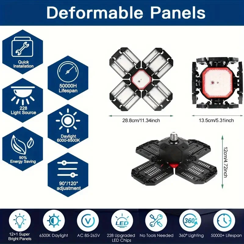 Carvallo LED Garage Lamp | Foldable Ceiling Light with 3–12 Adjustable Panels | E27 Socket | 6500K Daylight – For Workshop, Warehouse & Garage