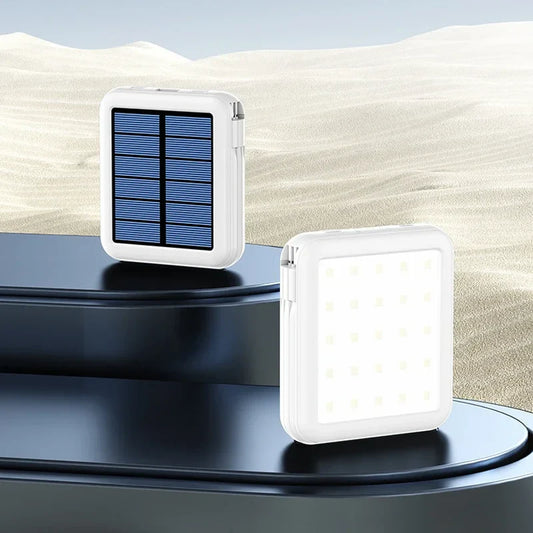 Carvallo Powerbank ENERIVIA Mini 20000mAh | Integrerade kablar | Solarladdning & LED-lampa | 4 utgångar & 3 ingångar | Snabbladdningsfunktion