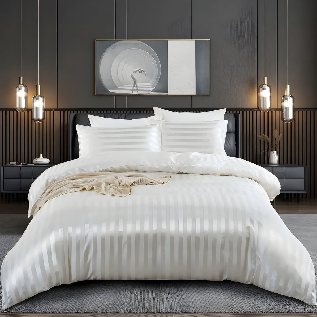 LuxSleep sängkläder set - 3-delat lyxigt randigt sängkläder set [sängkläder med dragkedja, örngott]