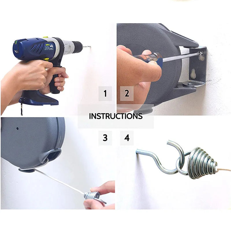 Carvallo Teleskop-tvättlinje | 12 Meter utdragbar tvättlina | Automatisk inrullning | För inomhus & utomhus