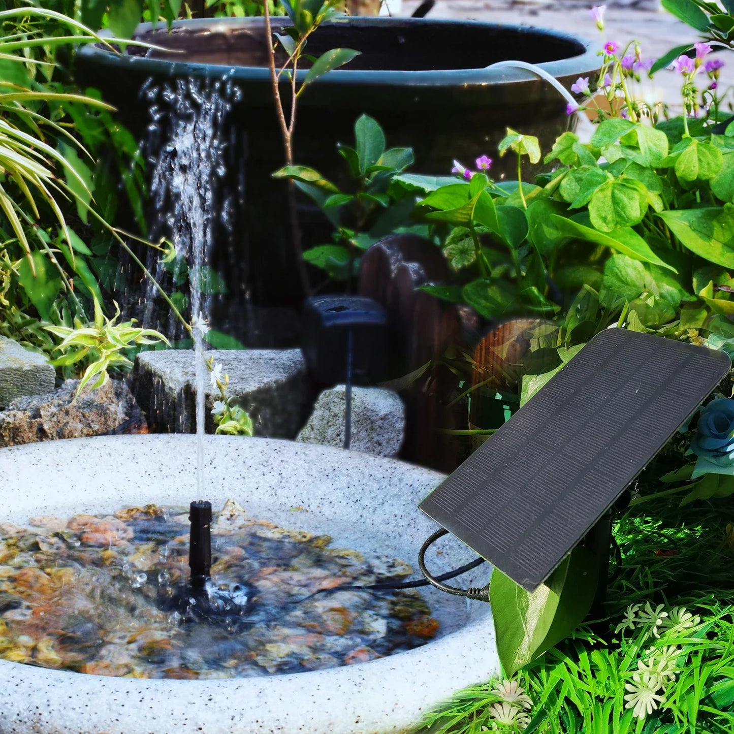 Carvallo Springbrunnen SOLAQUA | 6-i-1 Set med 4 munstycken | Utan strömförsörjning | För damm & trädgård