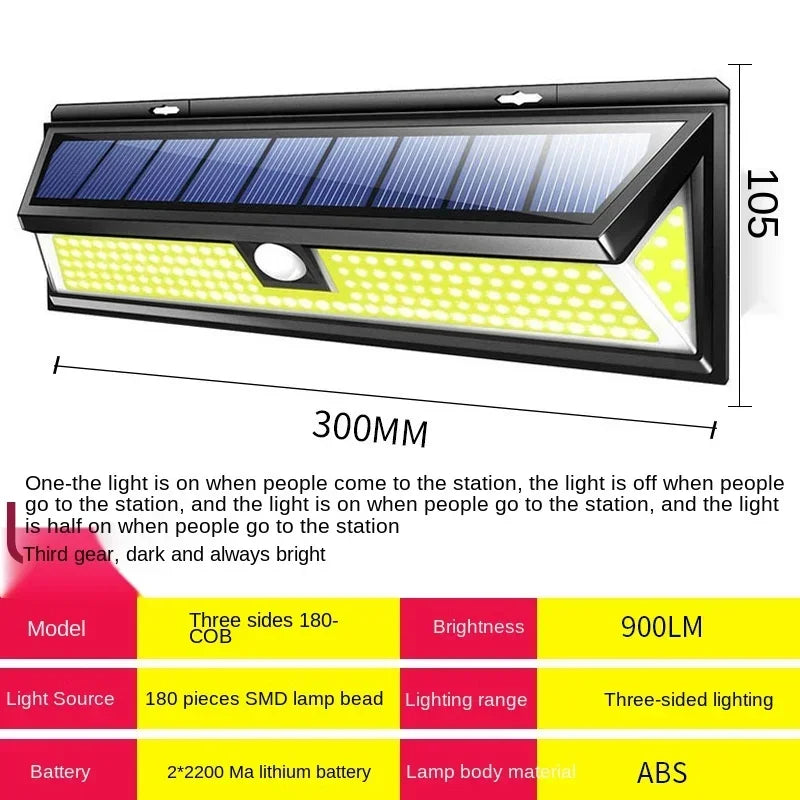Carvallo 90 Solar Vägglampa med rörelsesensor | 90 LEDs | 3 lägen | IP65 Vattentålig | 4400 mAh Batteri | Utomhusbelysning för trädgård, terrass & gård