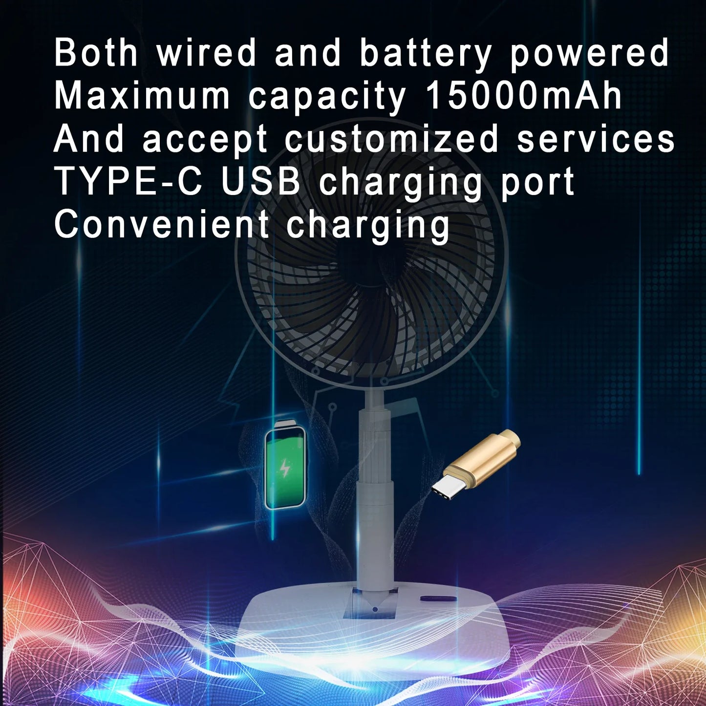 Royallure Bärbar Fällbar Fläkt 6000mAh Uppladdningsbar Tyst Golv- och Utomhusbruk