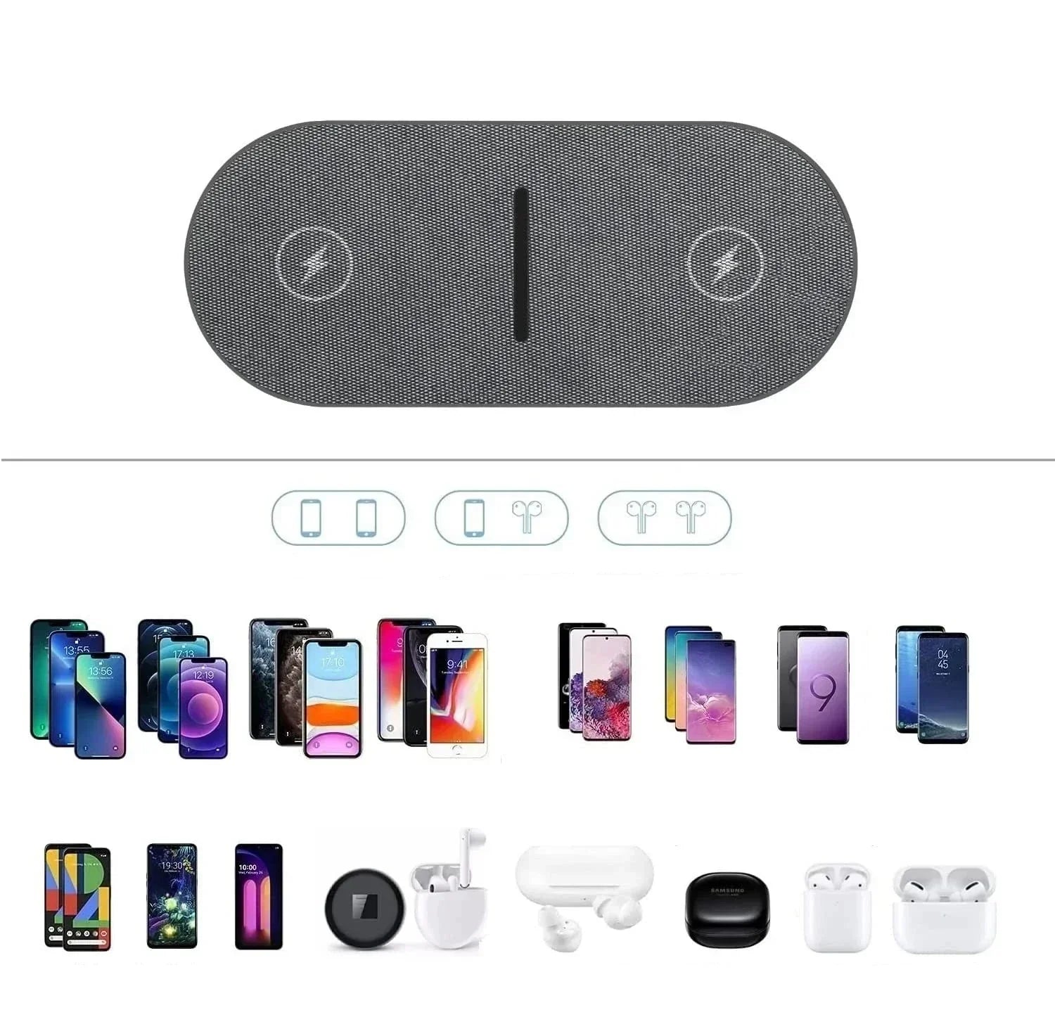 PowerEase - Dubbelt trådlöst laddningsstation med snabbladdningsfunktion för telefoner och hörlurar