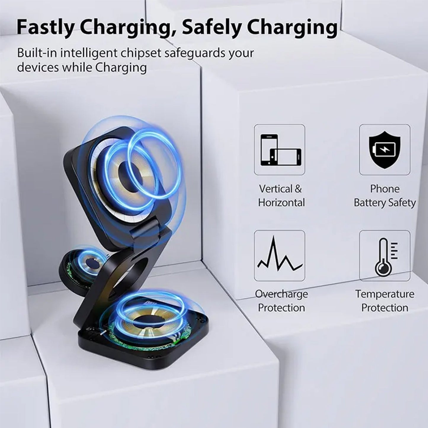 3 i 1 Snabb Magnetisk Fällbar Trådlös Laddare För iPhones, AirPods och Apple Watches