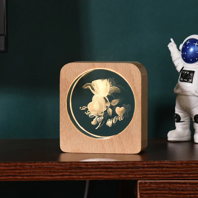 LumiWood - 3D Trä Nattlampa med Gravyr och Varm LED-belysning